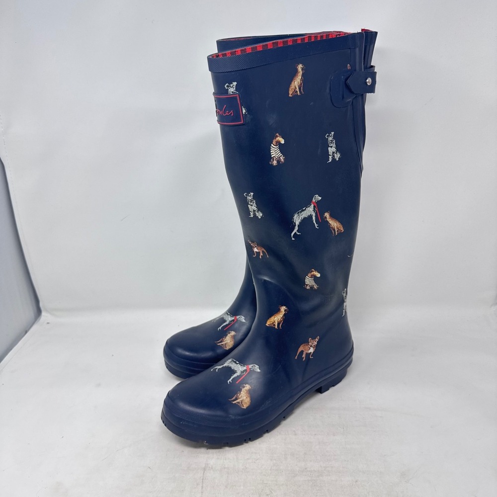 Joules Rain Boots Navy Blue Size 8 Dog Print Tall Wellingtons Waterproof